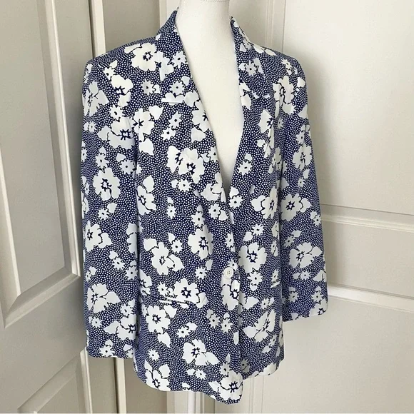 Vintage 80s Russ Union Made Lightweight Floral Blazer - Blue & White, Size 12 - Picture 3 of 15